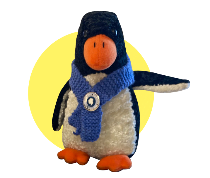 A cut-out image of a fluffy toy penguin, wearing a blue knitted scarf