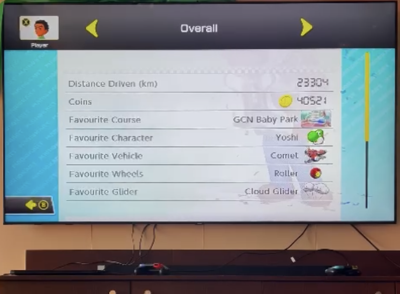 A picture of a screen from MarioKart with stats about the game