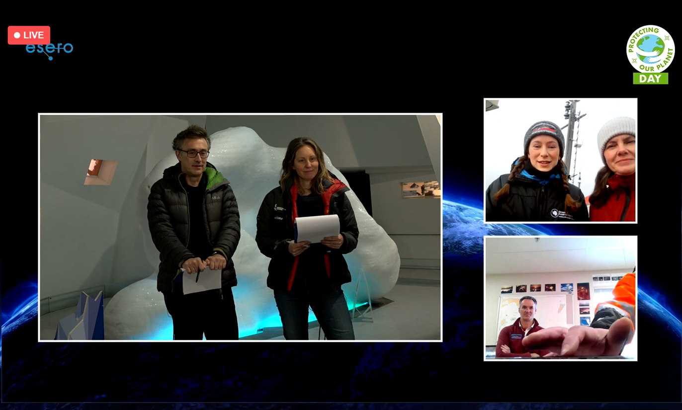 An image of a screen showing a live interview from Antarctica