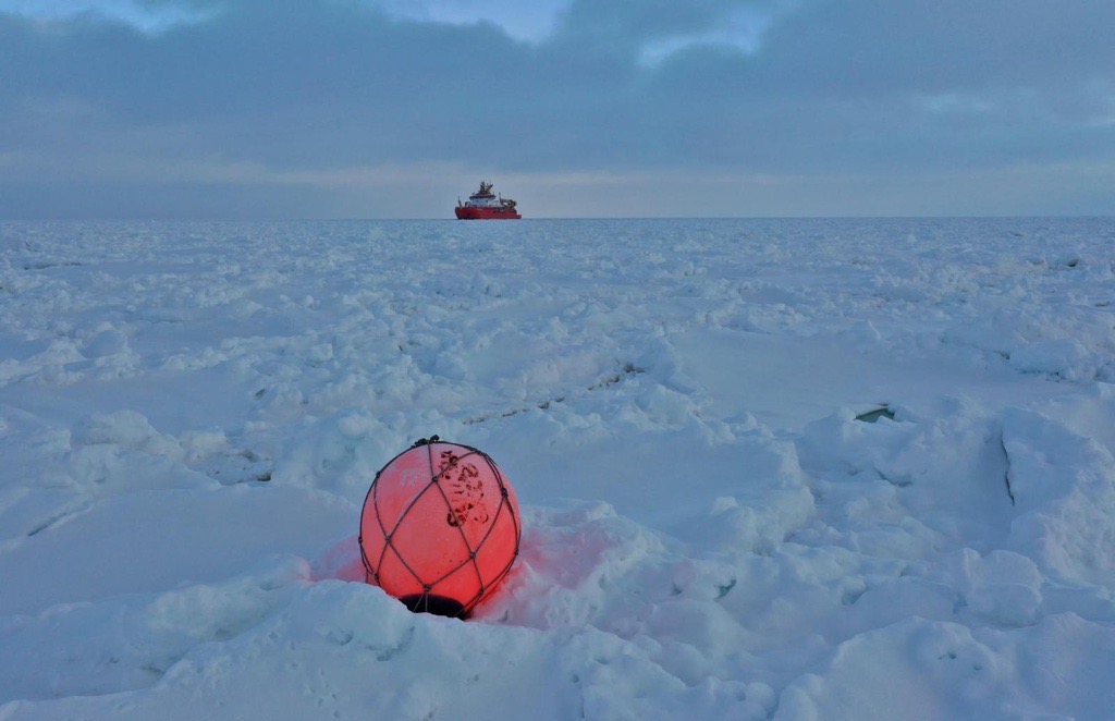 A buoy, which is an orange ball covered in a net, lying on the sea ice, with a ship in the distance