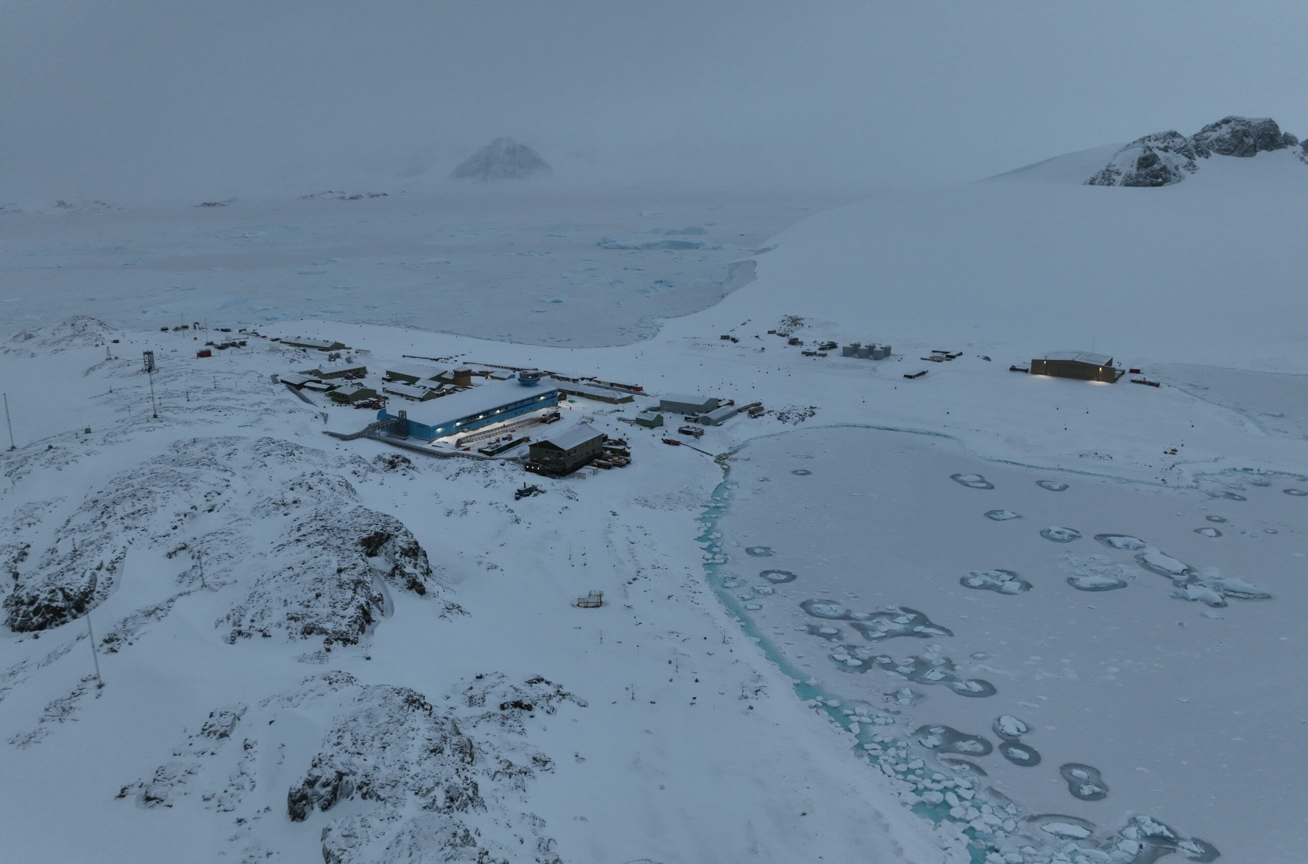An aerial view of a snowy Rothera